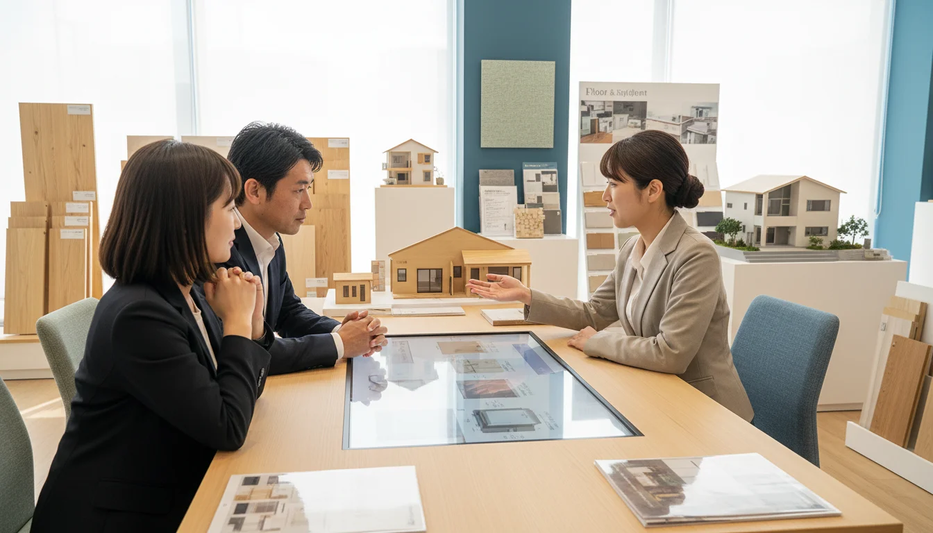 新築住宅の図面を広げて設備工事の相談をする手元と室内の打ち合わせ風景