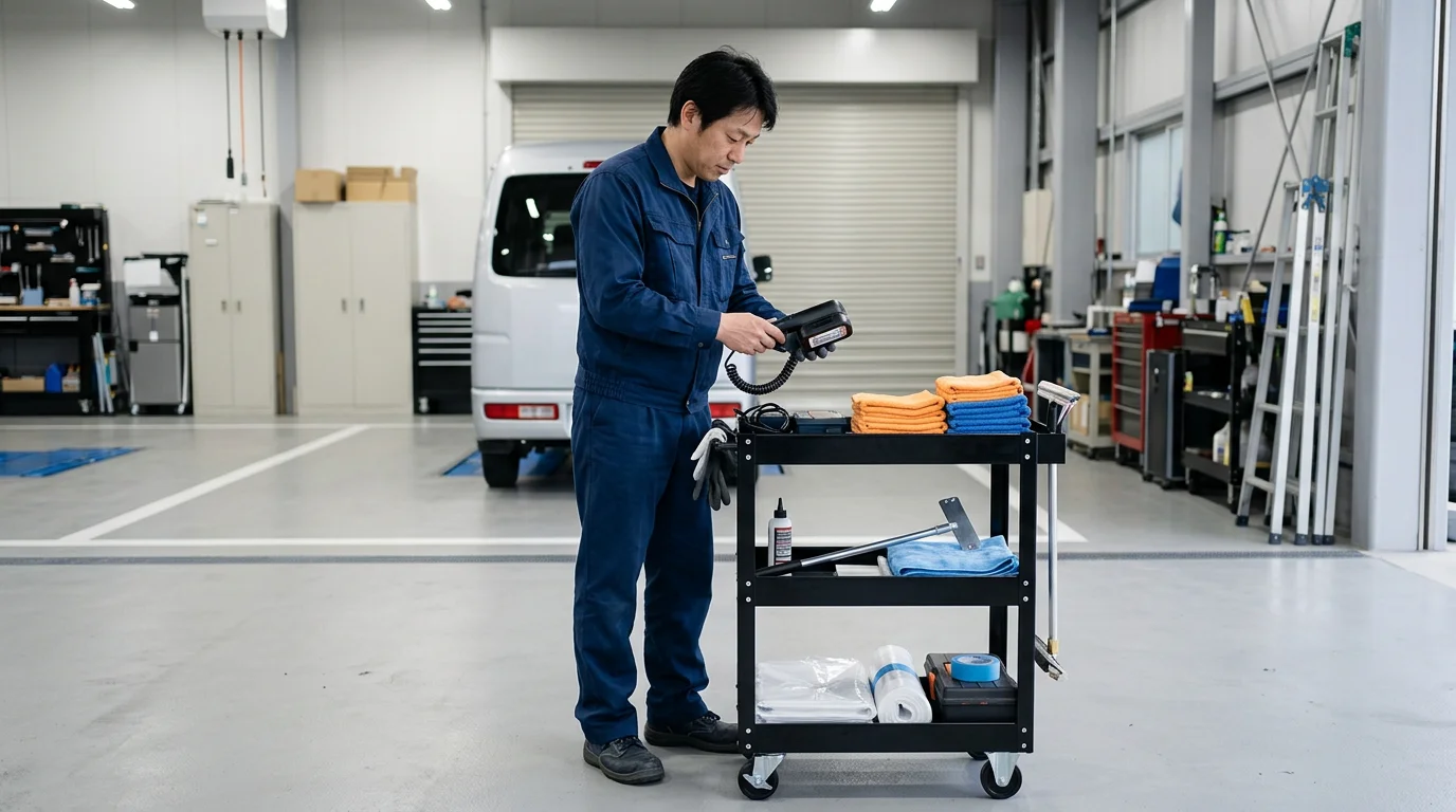 新築住宅の室内で住宅設備の取付準備を進める作業者の手元